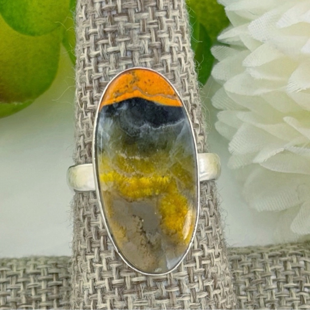 Pure Sterling Silver 925 Bumblebee Jasper Long Ring Size 7 Boho Southwest New